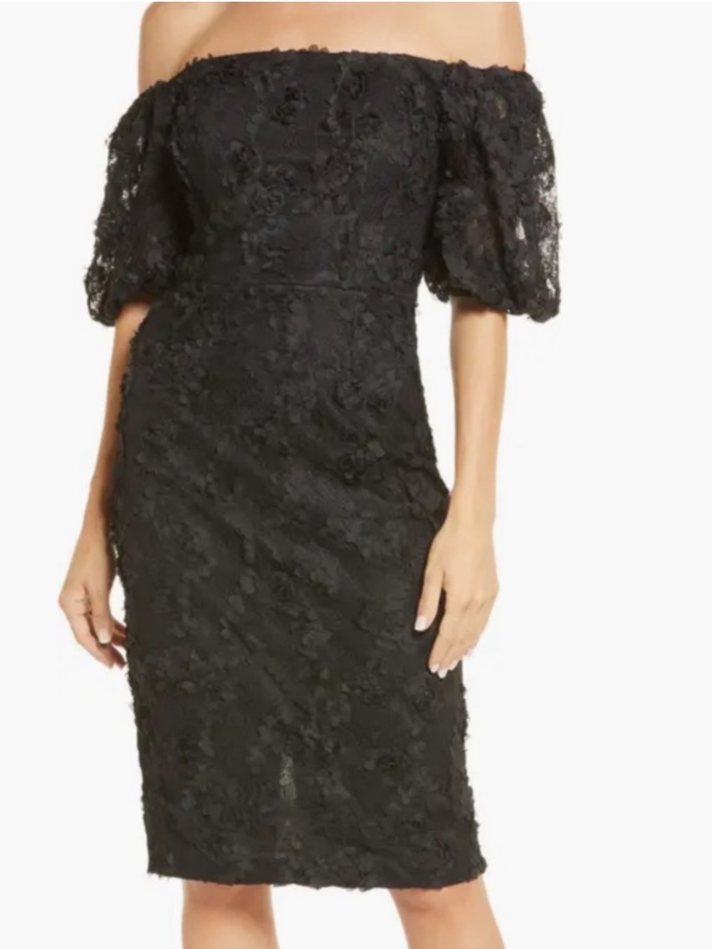 NEW Xscape Off Shoulder Black Lace 3D Floral Puff Sleeve Cocktail Midi Dress 4